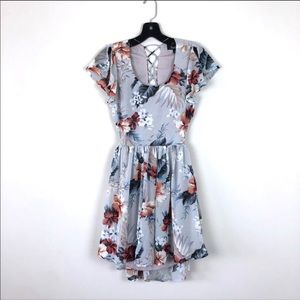 Grey floral flutter sleeve dress